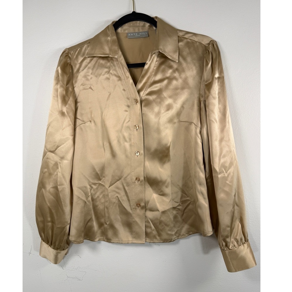 Kate Hill Women‎ Petite 2 Gold Silk Puff Shoulder ButtonDown Blouse Tailored Top